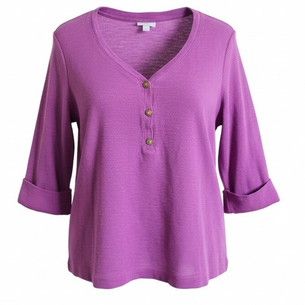 J Jill 2X Purple Textured Henley Shirt 3/4 Sleeve Women's Waffle Weave Cotton - Picture 2 of 8